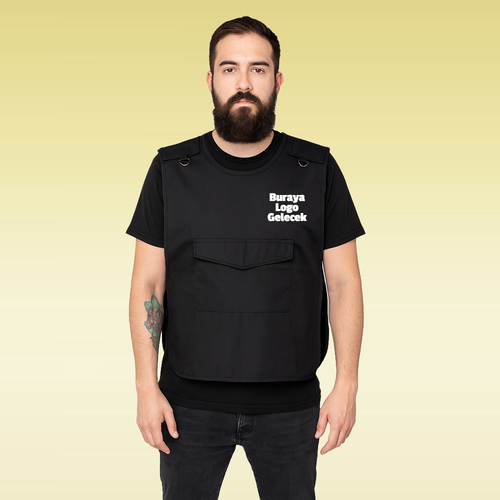Ayobi Kişiye Özel Atak Yelek Berber Önlüğü Siyah Renk Özel Üretim Firma Logo Baskılı